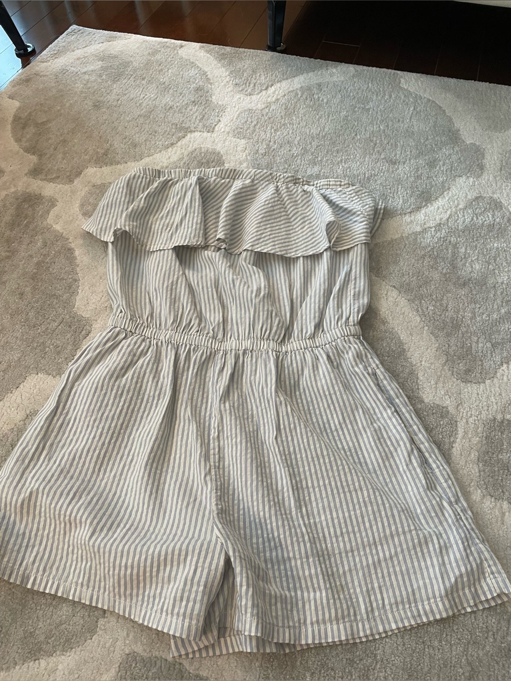 aerie Striped Strapless Ruffle Kids One-Piece Romper - Gray & White